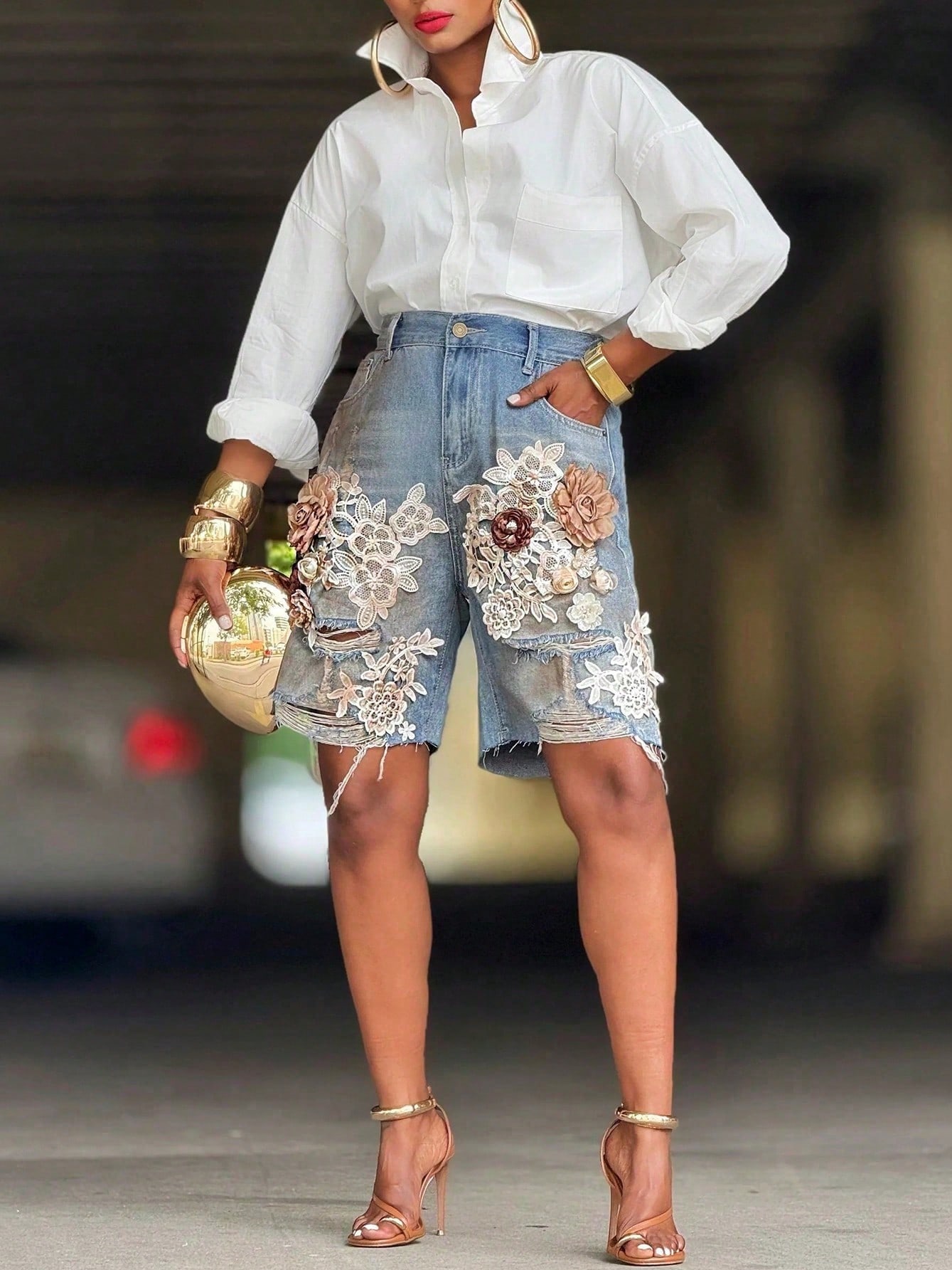 Shorts Denim Frayed - GLOURI Women 3D Floral Appliqué Denim