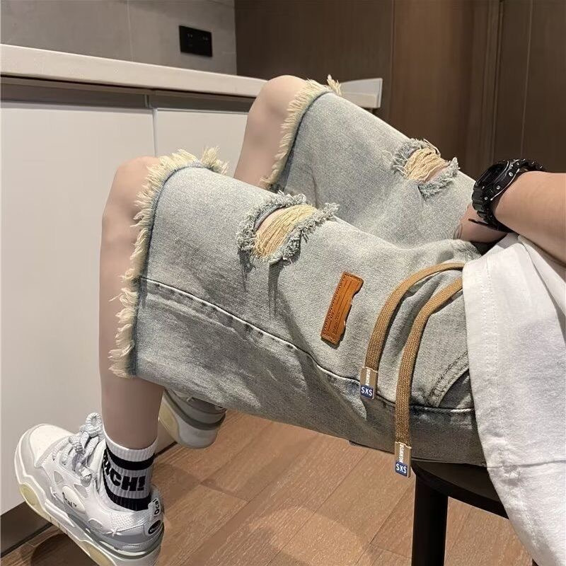 Shorts Denim Frayed - Men's Fashionable Summer Casual Ripped Denim