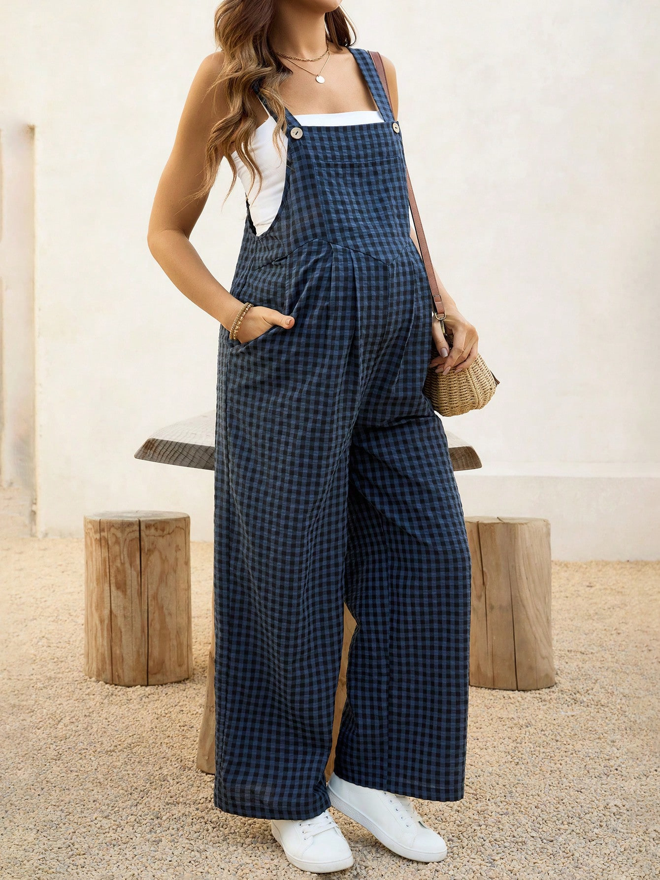 Jumpsuit Linen Relaxed - Casual Maternity Jumpsuit Plaid Loose Cotton