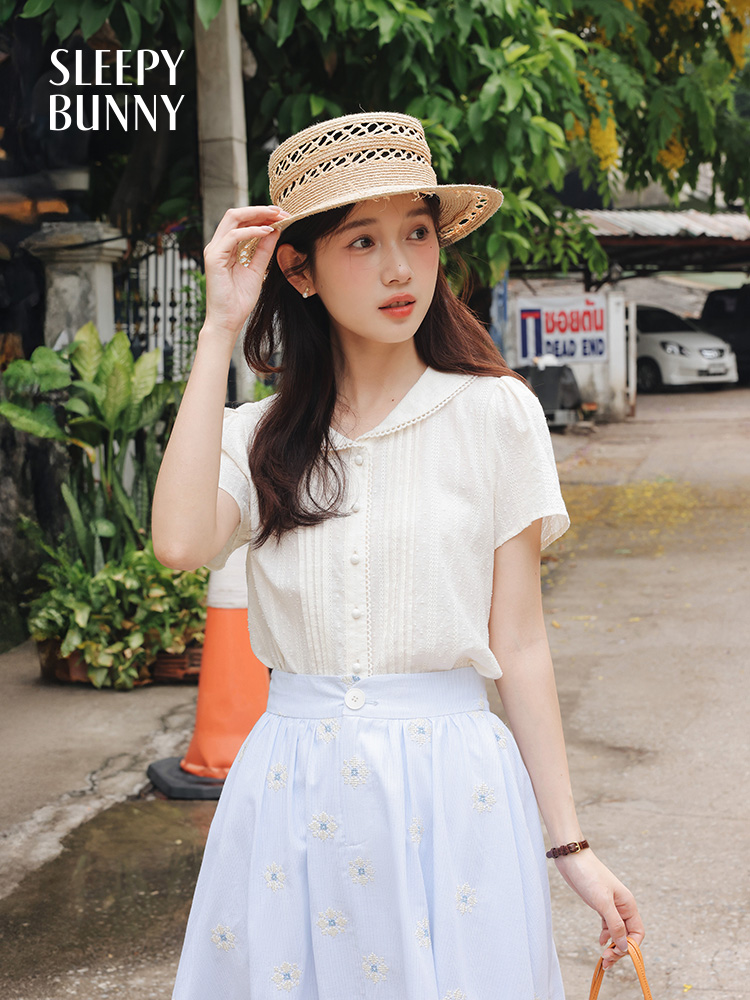 Midi Skirt Floral - Vintage White Shirt Floral Embroidered High