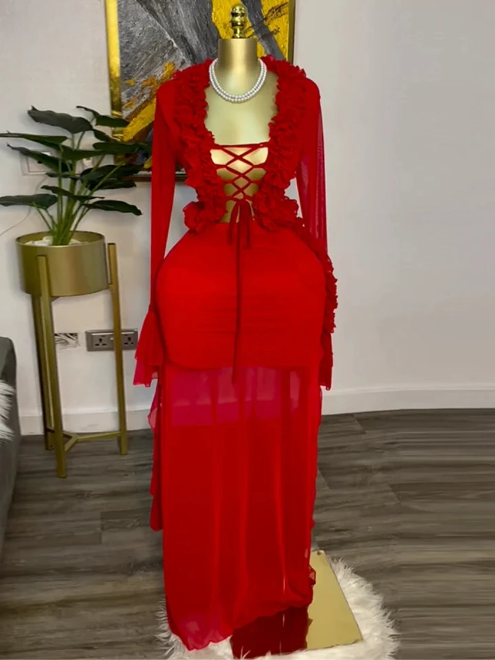 Crop Top Crochet - Fashion Women Set Mesh Full Sleeve