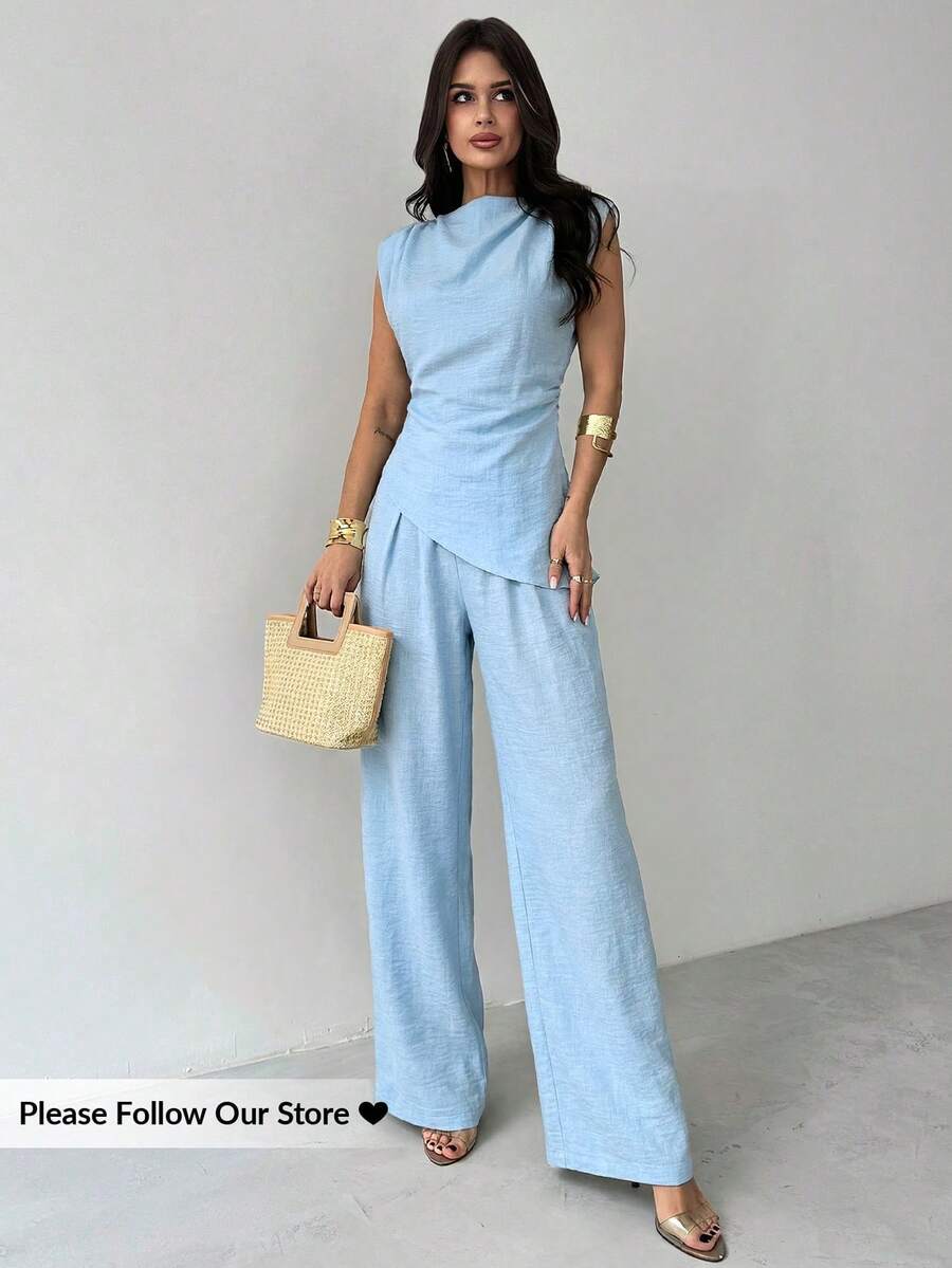 Linen Pant Wide - Sleeveless Asymmetric Ruched Waist Linen Blouse