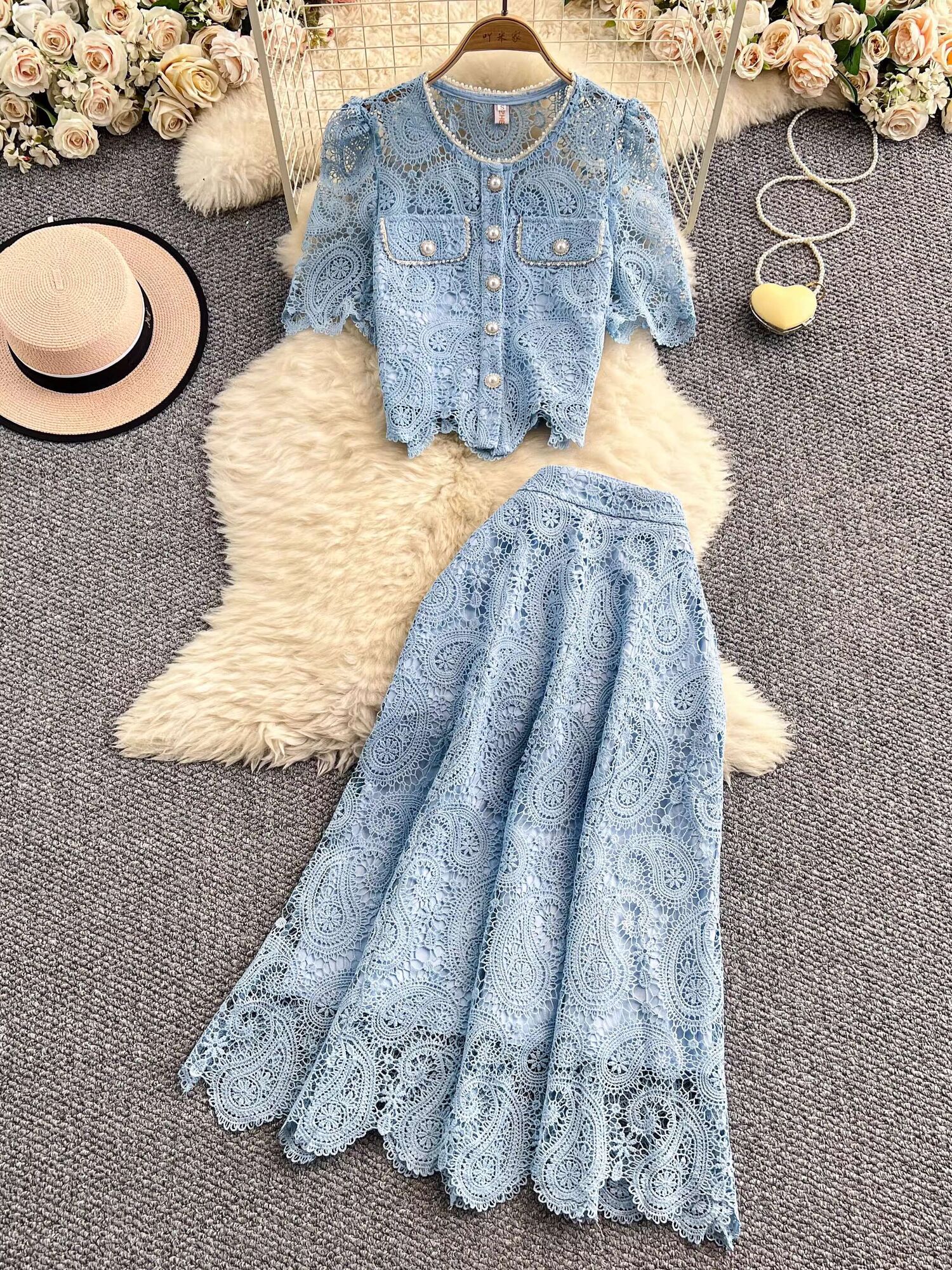 Midi Skirt Floral - Elegant Pearl Long Dress Suits Women