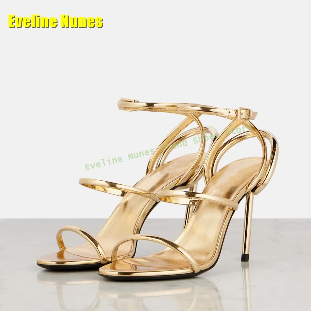 Sandal Strappy Heeled - Golden Strappy Metallic Leather Sandals Round