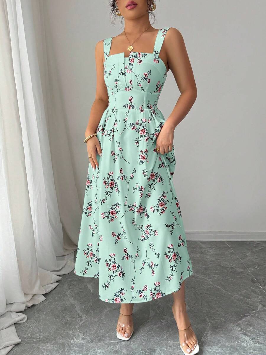 Midi Skirt Floral - Mint Green Floral Midi Dress With
