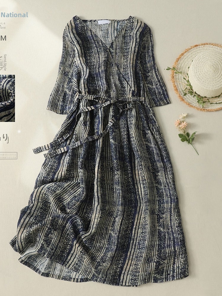 V-Neck Short Sleeve Midi Dress – обзор и цена Linen Dress Wrap
