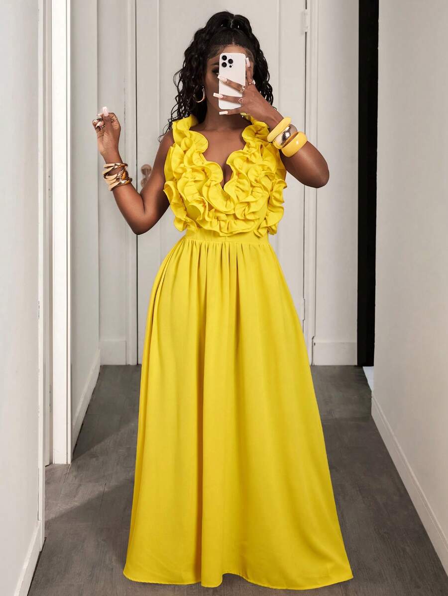 Yellow Deep V-Neck Ruffle Halt – обзор и цена Maxi Dress Halter