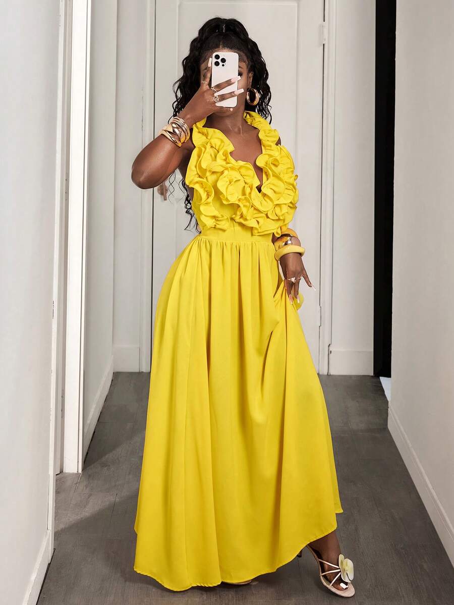 Yellow Deep V-Neck Ruffle Halt – обзор и цена Maxi Dress Halter