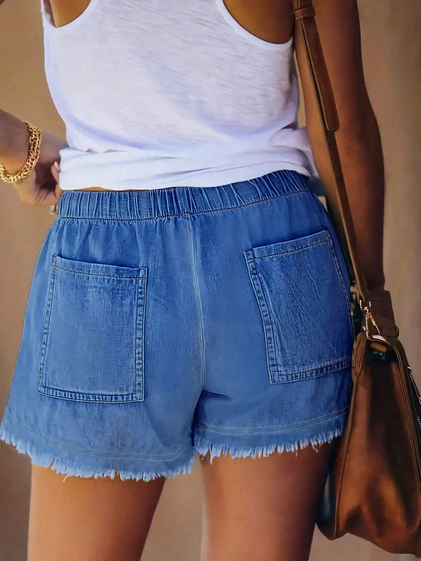 Women's Elastic Waist Frayed H – обзор и цена Shorts Denim Frayed