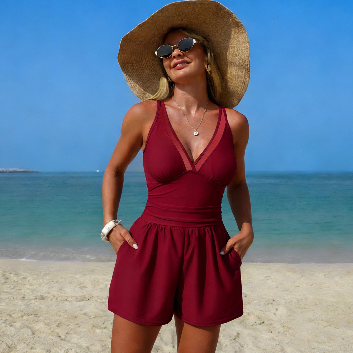 Black Solid Color Sleeveless V – обзор и цена Swimsuit Bikini Ruched