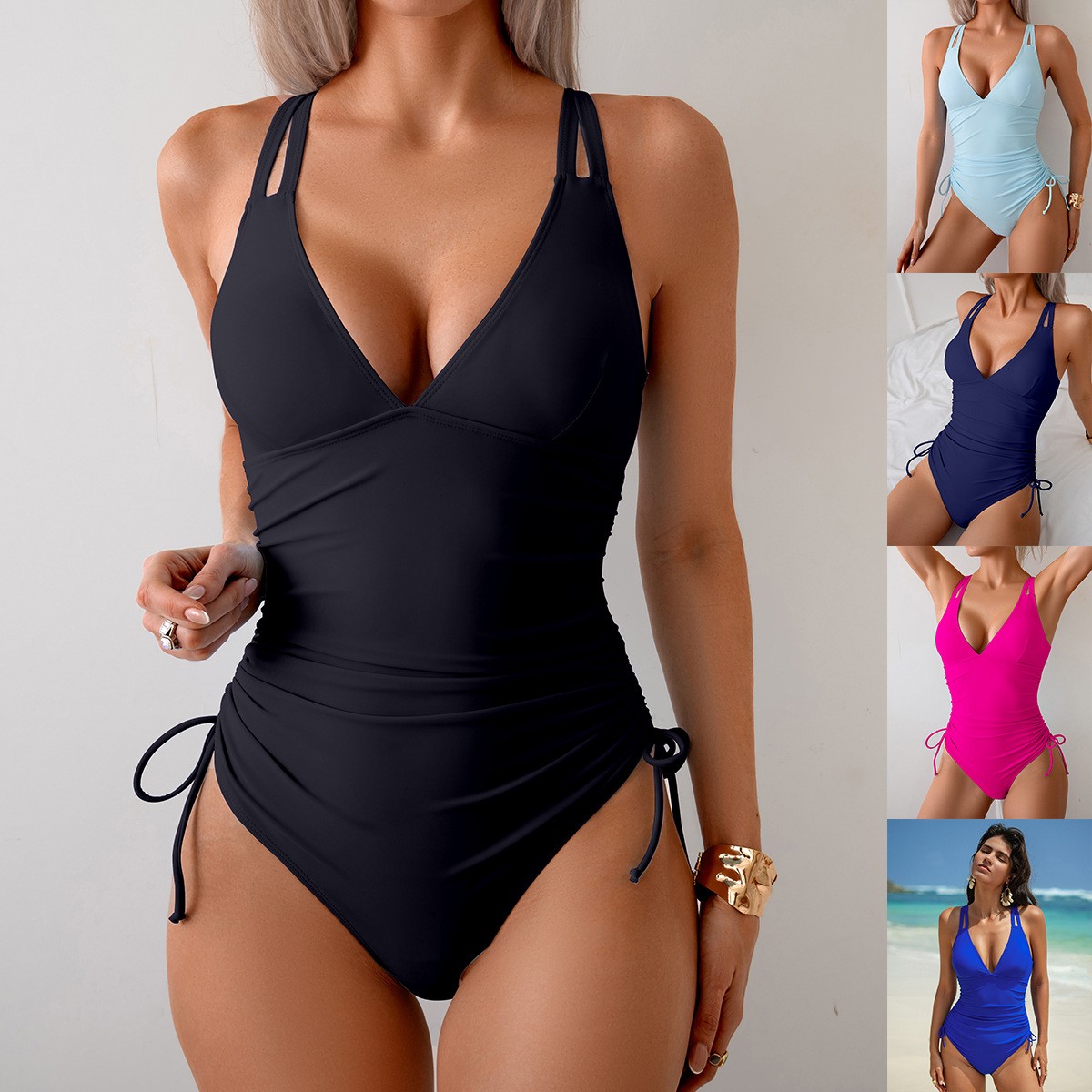 Solid Black Swimsuit V Neck Ru – обзор и цена Swimsuit Bikini Ruched