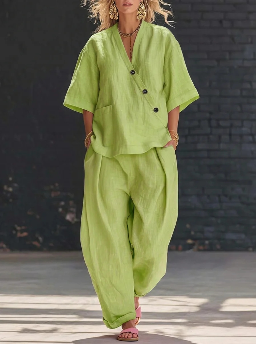 Women’s Two Piece Set Loose V  – обзор и цена Linen Pant Wide