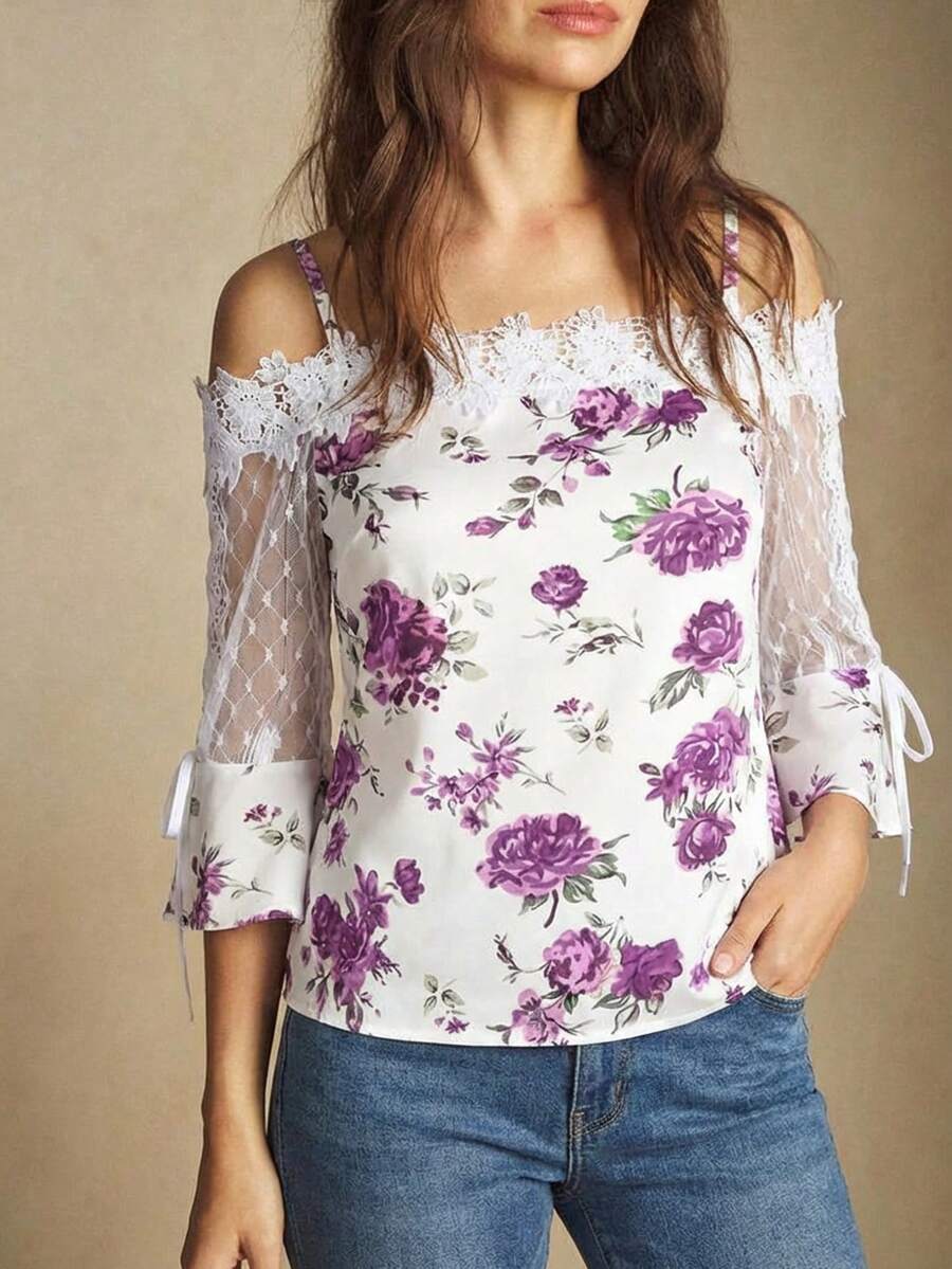 Purple Floral Print Off Should – обзор и цена Blouse Off Shoulder