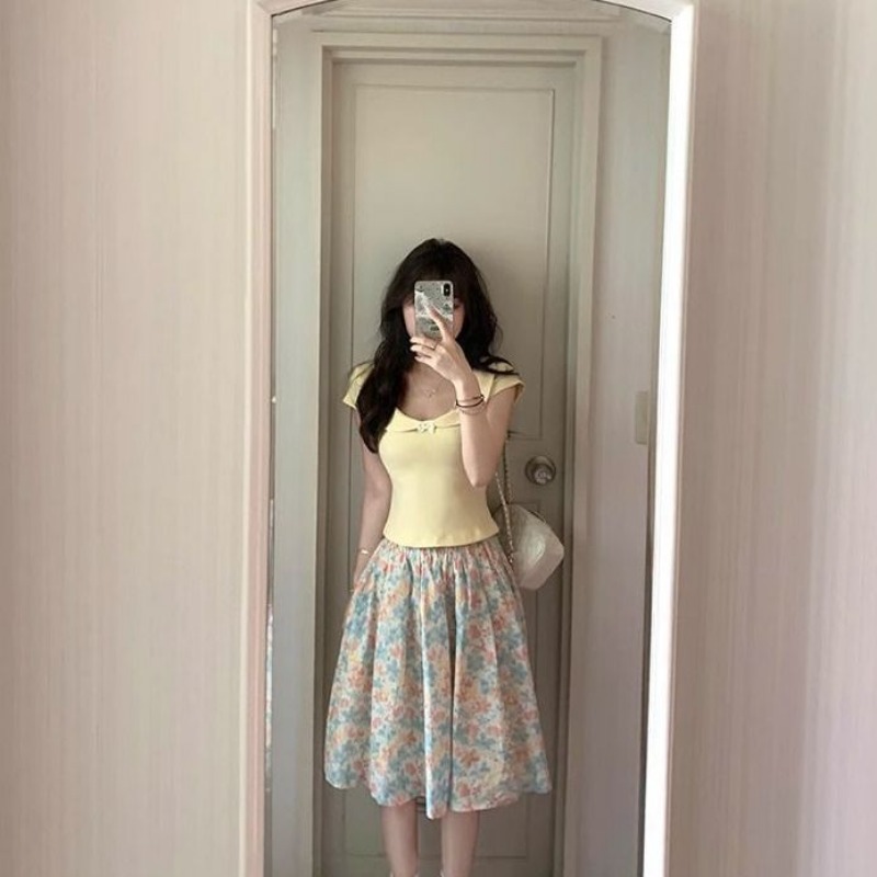 Women 2 Piece Set Bow Top And  – обзор и цена Midi Skirt Floral