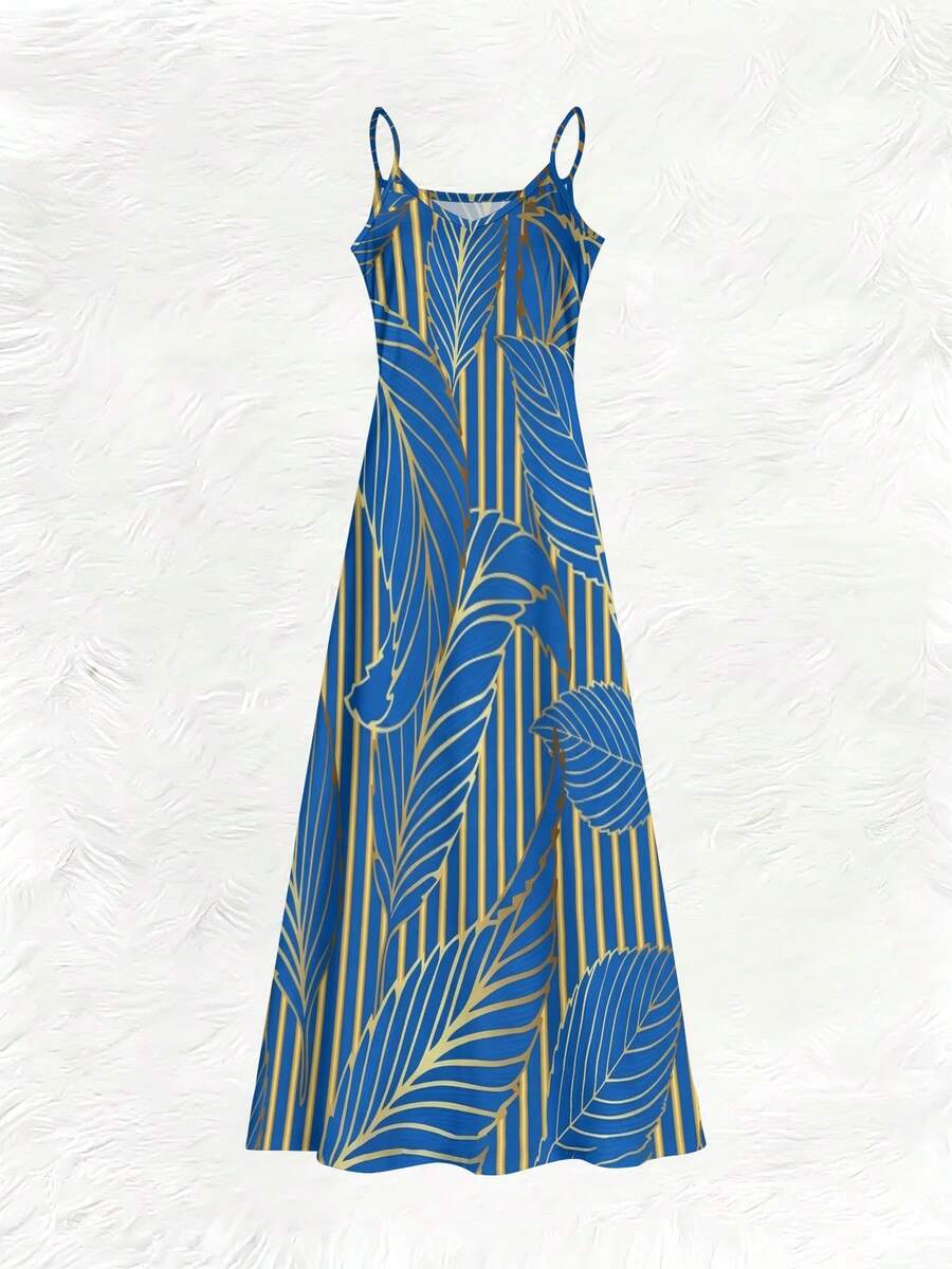 Blue Tropical Leaf Print V-Nec – обзор и цена Maxi Dress Halter